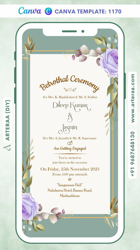Betrothal ceremony invitation card Canva Editable Template for Catholic family in english language with frame, flowers as floral theme design 1170