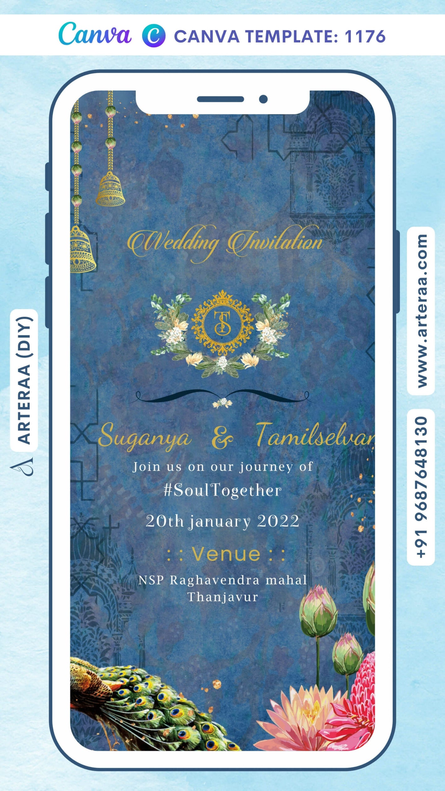 Wedding ceremony invitation card Canva Editable Template of hindu south indian tamil family in english language with vintage theme design 1176