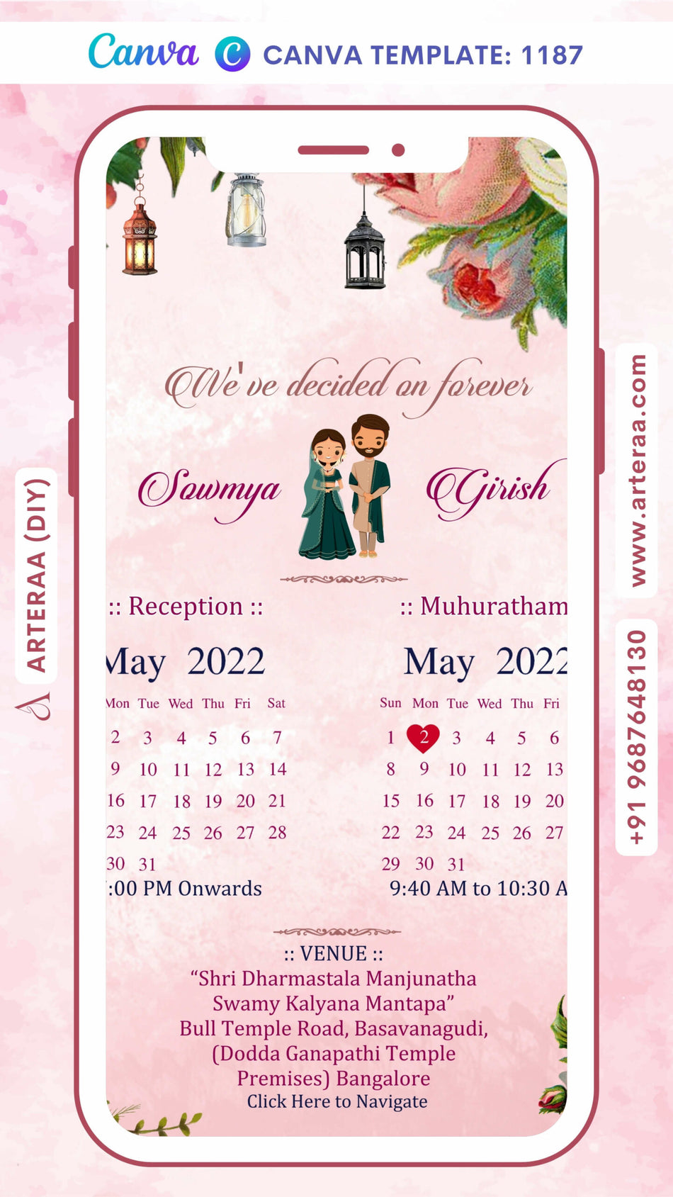 Wedding ceremony invitation card Canva Editable Template of hindu south indian kannada family in english language with floral theme design 1187
