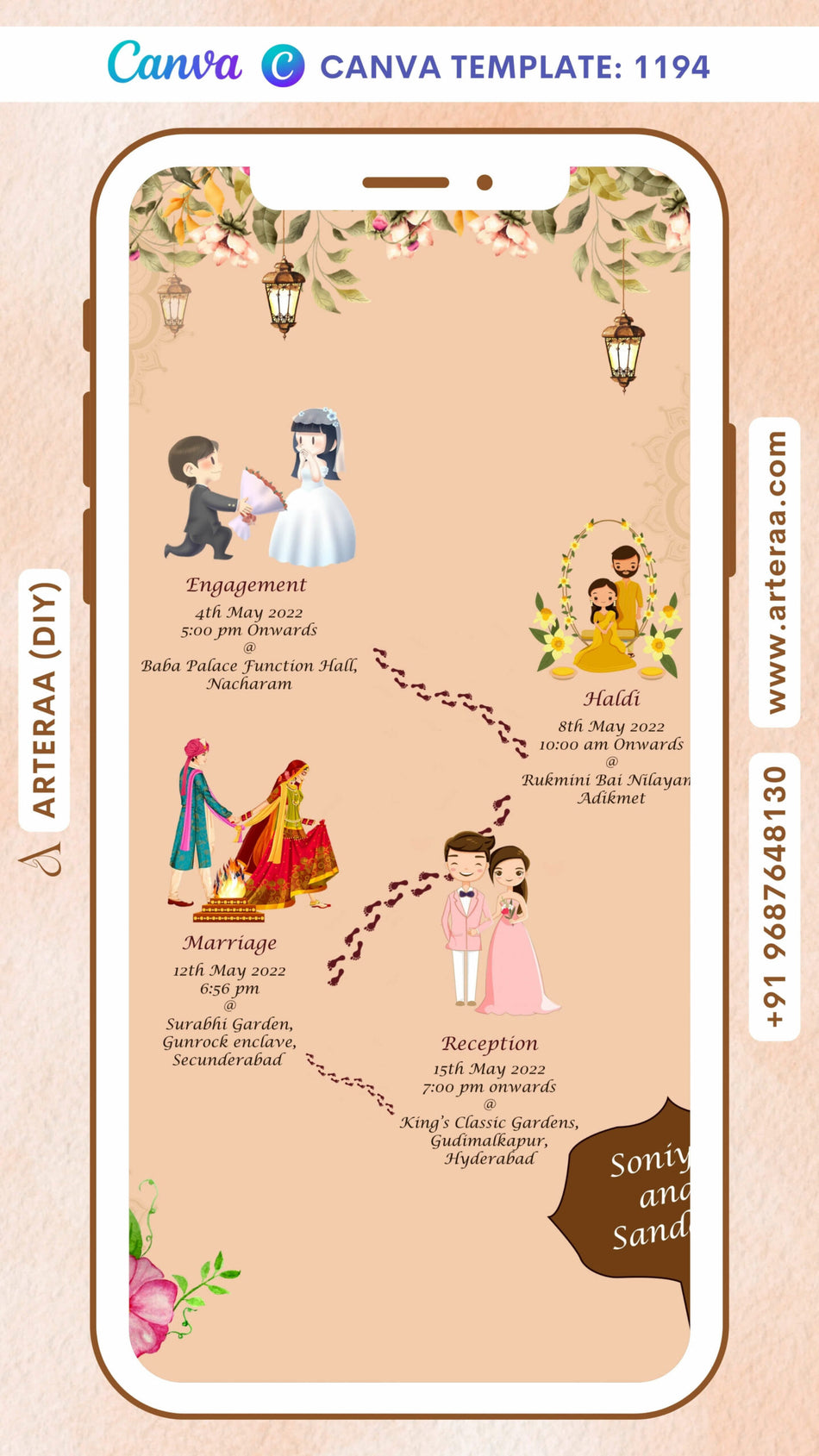 Wedding ceremony invitation card Canva Editable Template of hindu south indian telugu family in english language with minimalistic theme design 1194