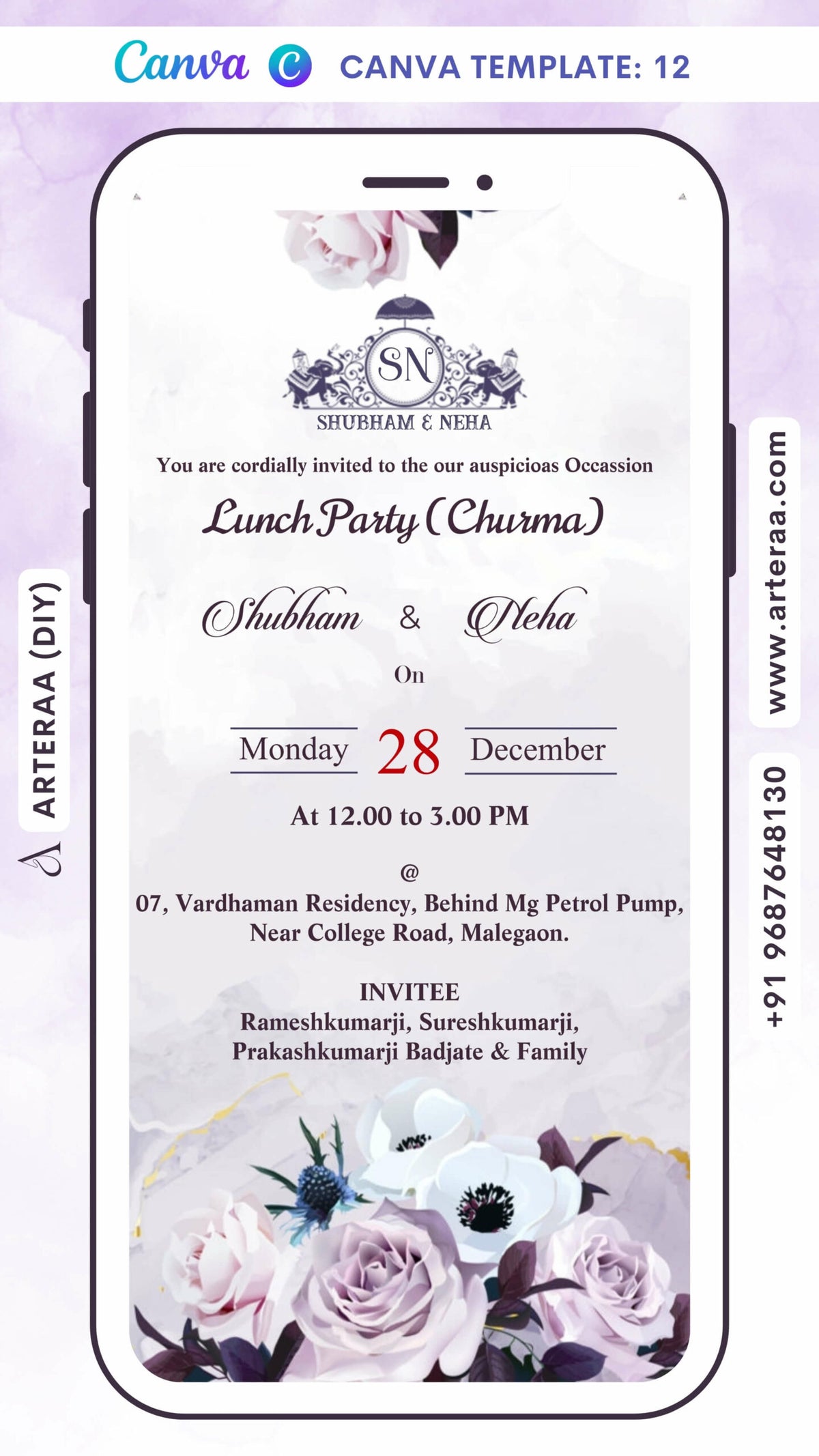 Digital Lunch Party (Churma) Invitation Of Marathi Family In English Language With Floral Theme Canva Editable Template Design no - 12