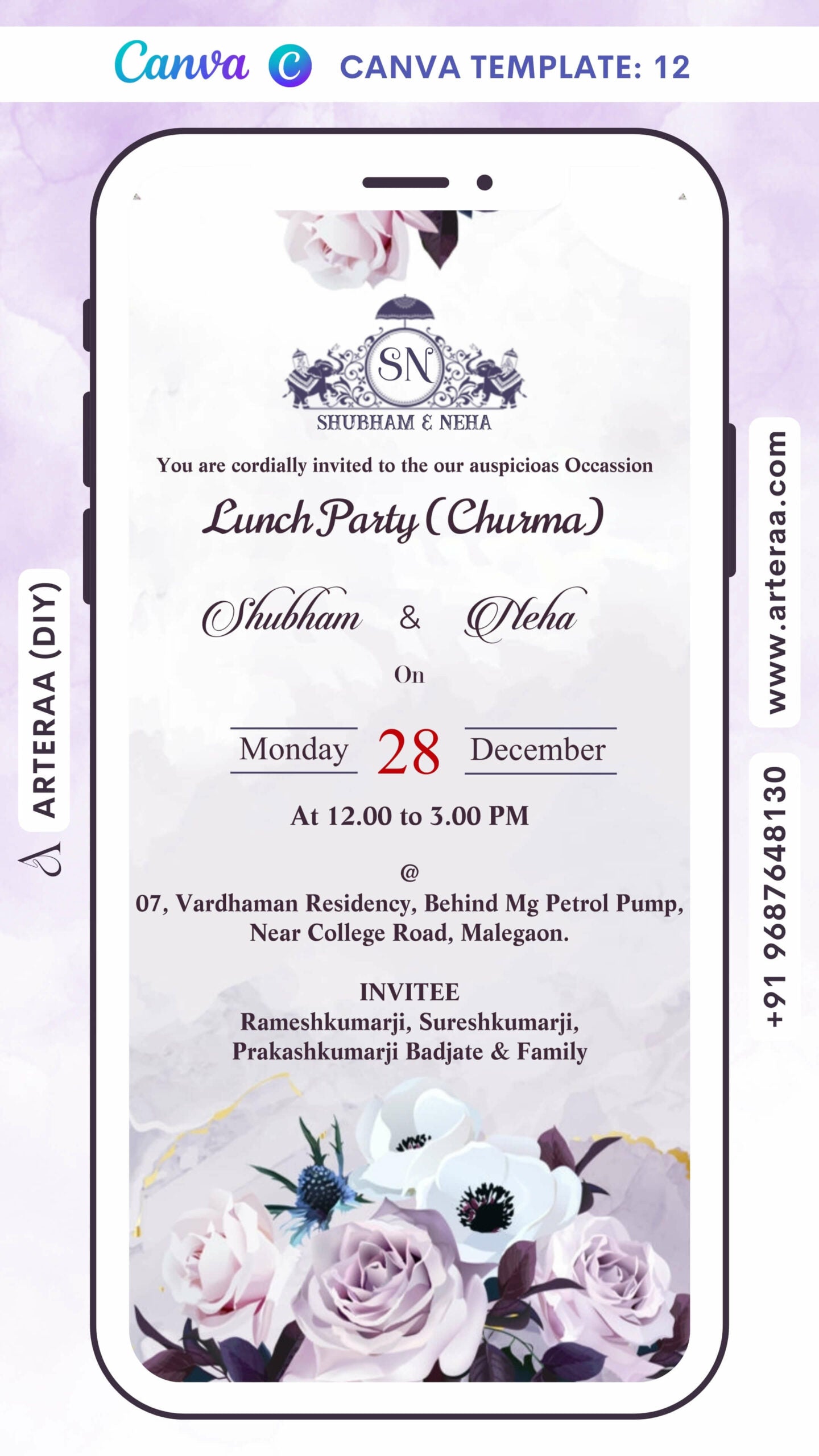 Digital Lunch Party (Churma) Invitation Of Marathi Family In English Language With Floral Theme Canva Editable Template Design no - 12