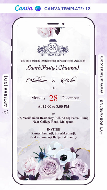 Digital Lunch Party (Churma) Invitation Of Marathi Family In English Language With Floral Theme Canva Editable Template Design no - 12