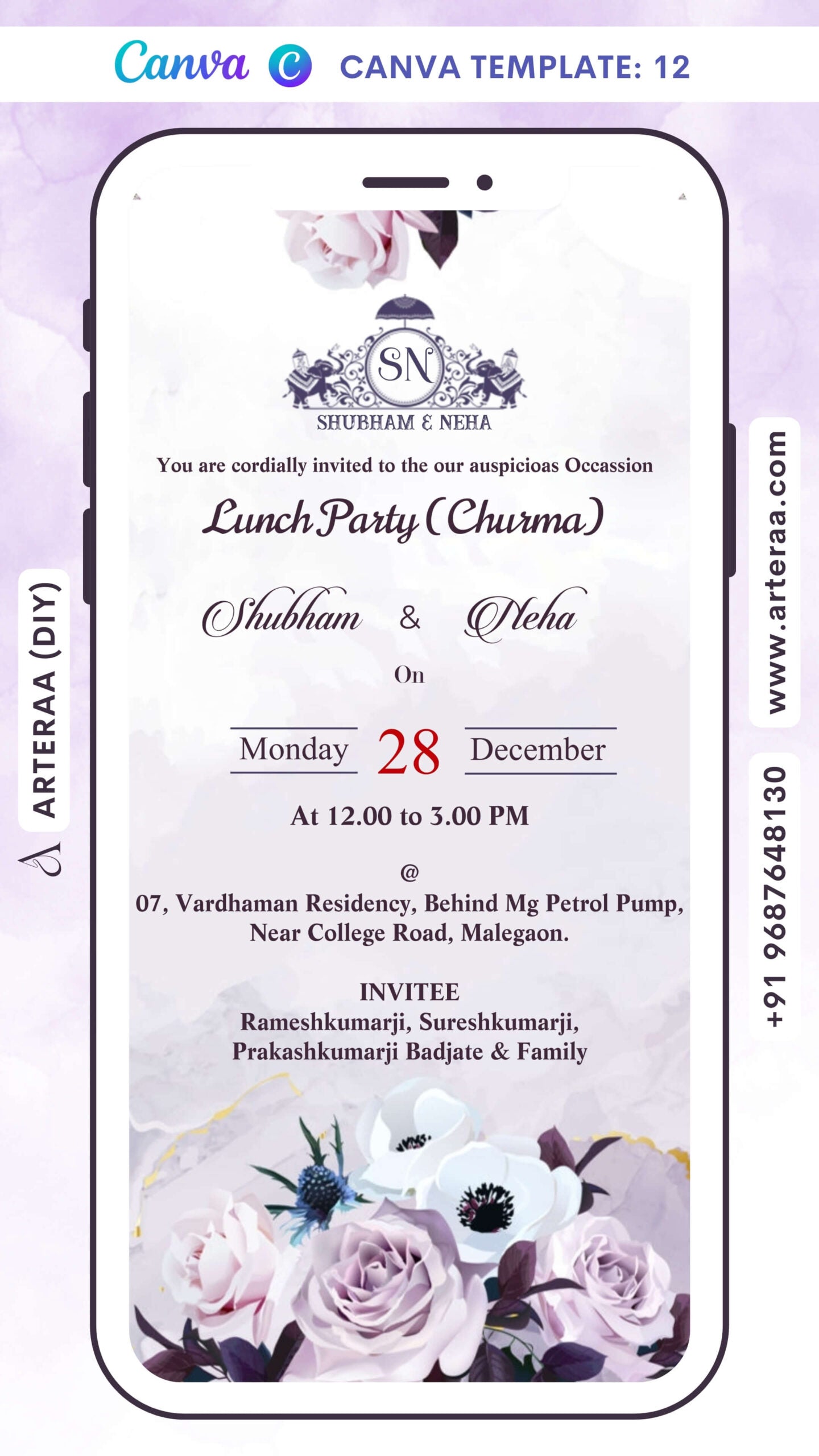 Dinner Party invitation card Canva Editable Template in english language with couple logo, flowers as floral theme design 12