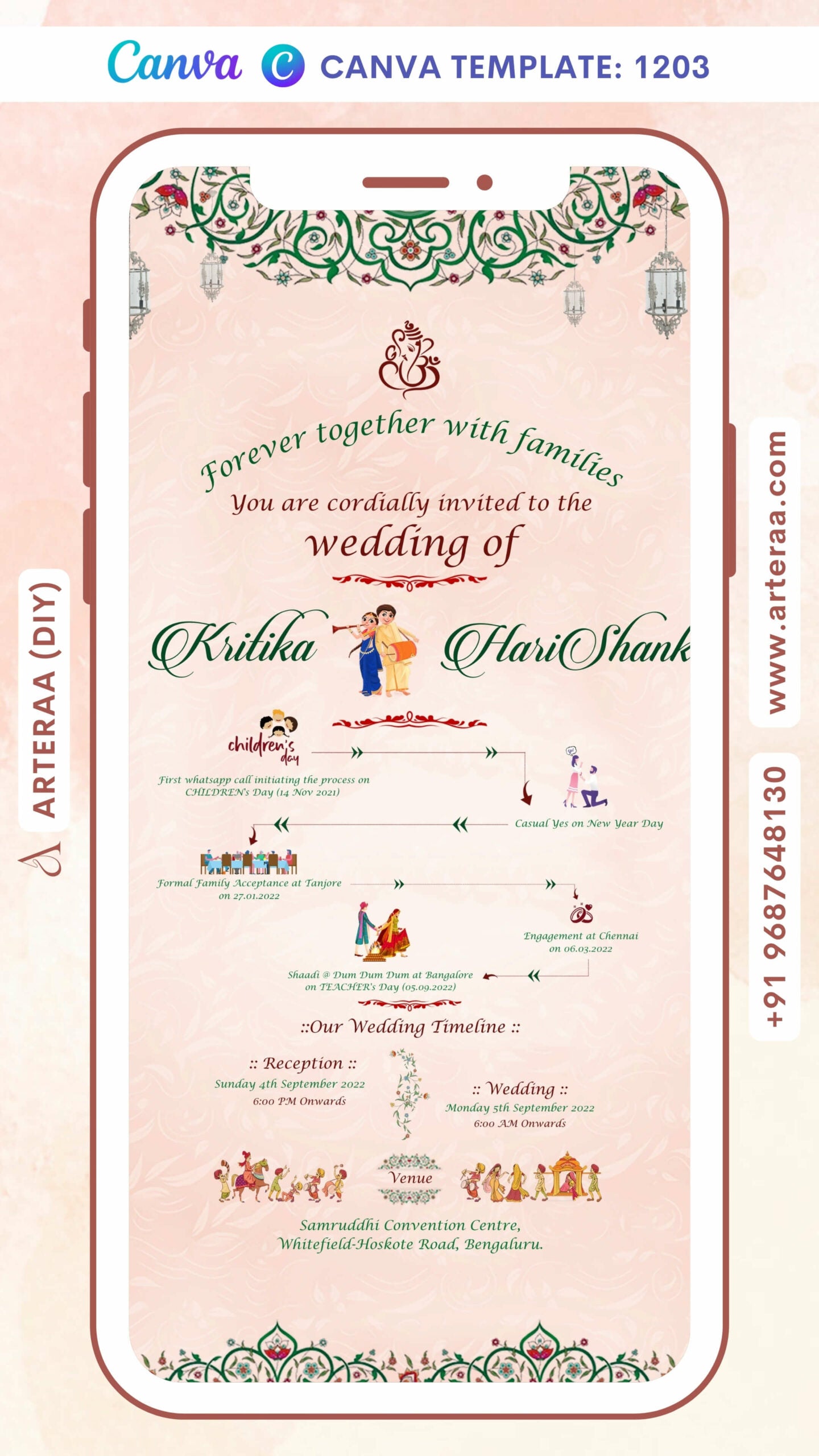 Wedding ceremony invitation card Canva Editable Template of hindu south indian kannada family in english language with mandala theme design 1203