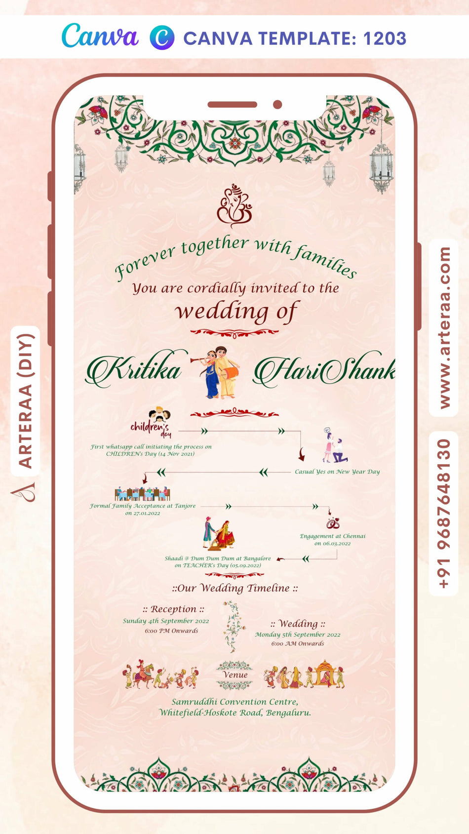 Wedding ceremony invitation card Canva Editable Template of hindu south indian kannada family in english language with mandala theme design 1203