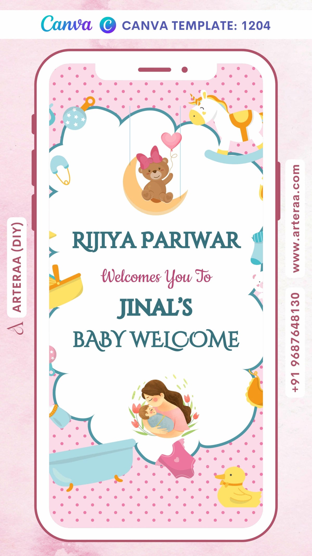 Baby welcome party invitation card Canva Editable Template in english language with playful theme design 1204