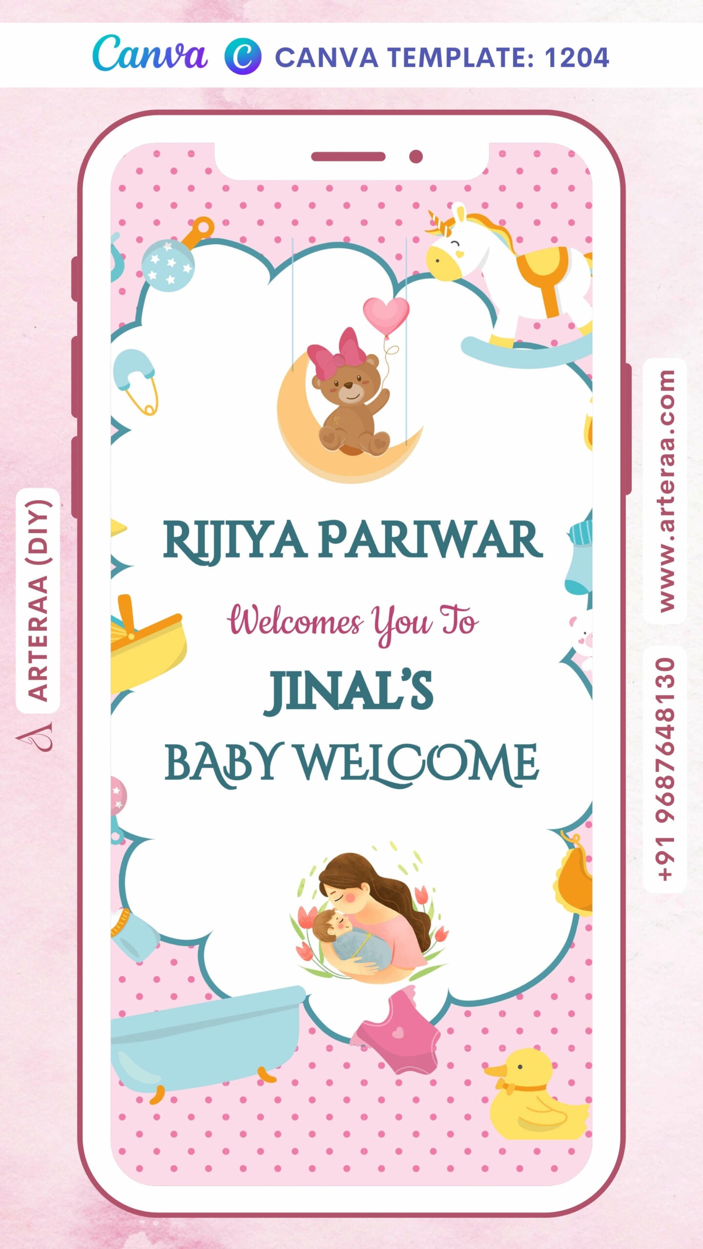 Baby welcome party invitation card Canva Editable Template in english language with playful theme design 1204