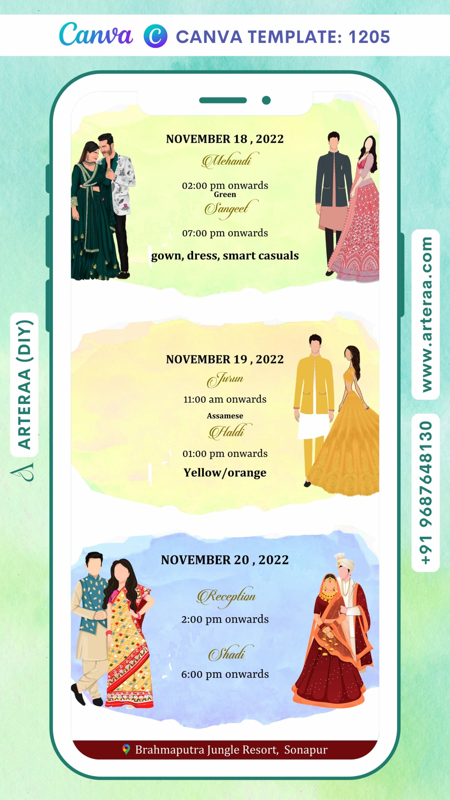 Wardrobe planner invitation card Canva Editable Template in english language with couple doodle as western theme design 1205