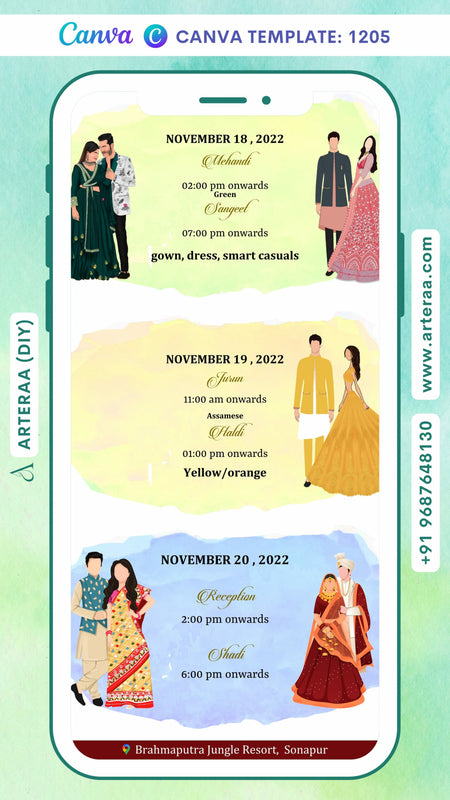 Wardrobe planner invitation card Canva Editable Template in english language with couple doodle as western theme design 1205