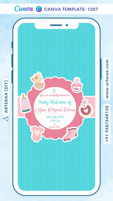 Baby welcome party invitation card Canva Editable Template in english language with playful theme design 1207