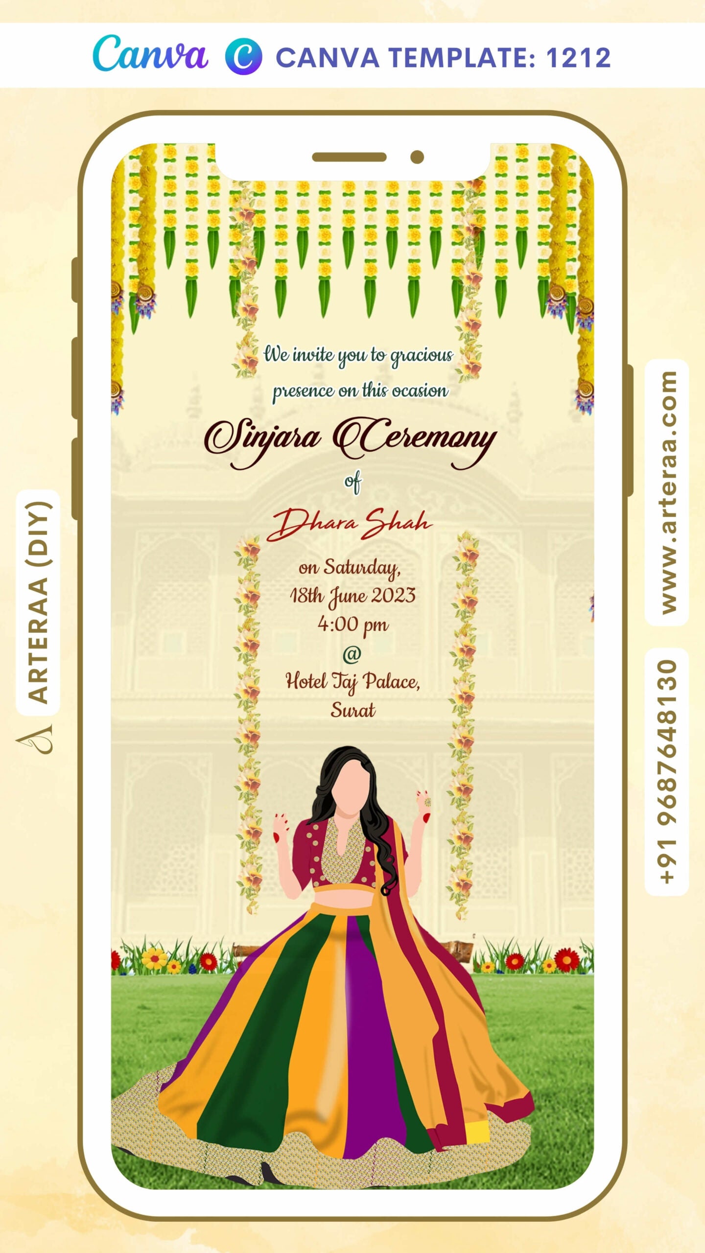 Sinjara ceremony invitation card Canva Editable Template in english language with garland, traditional girl doodle as floral theme design 1212