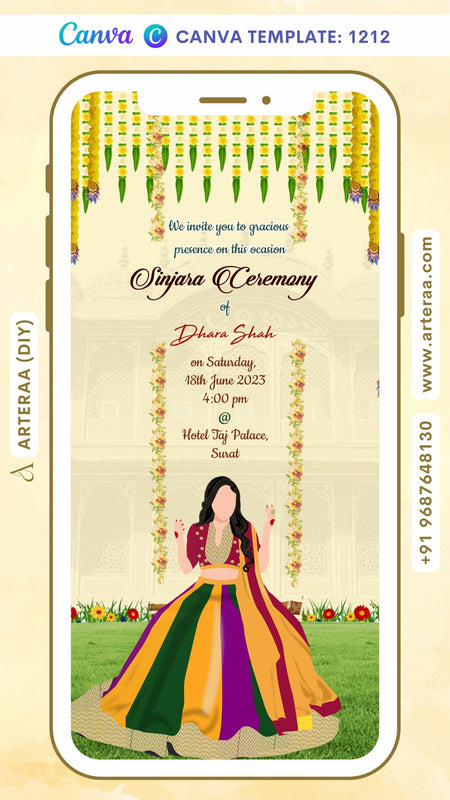 Sinjara ceremony invitation card Canva Editable Template in english language with garland, traditional girl doodle as floral theme design 1212