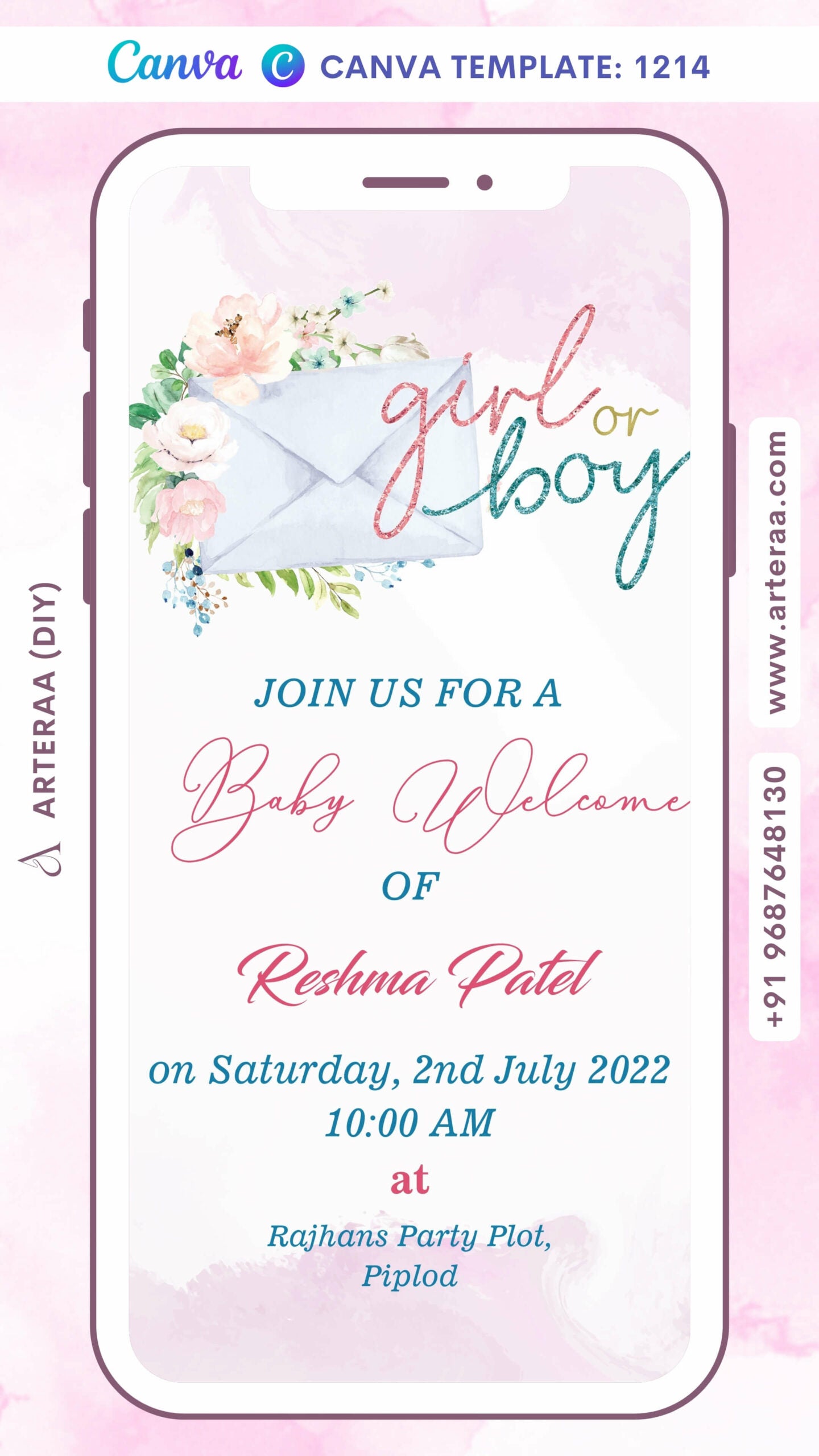 Baby welcome party invitation card Canva Editable Template in english language with floral theme design 1214