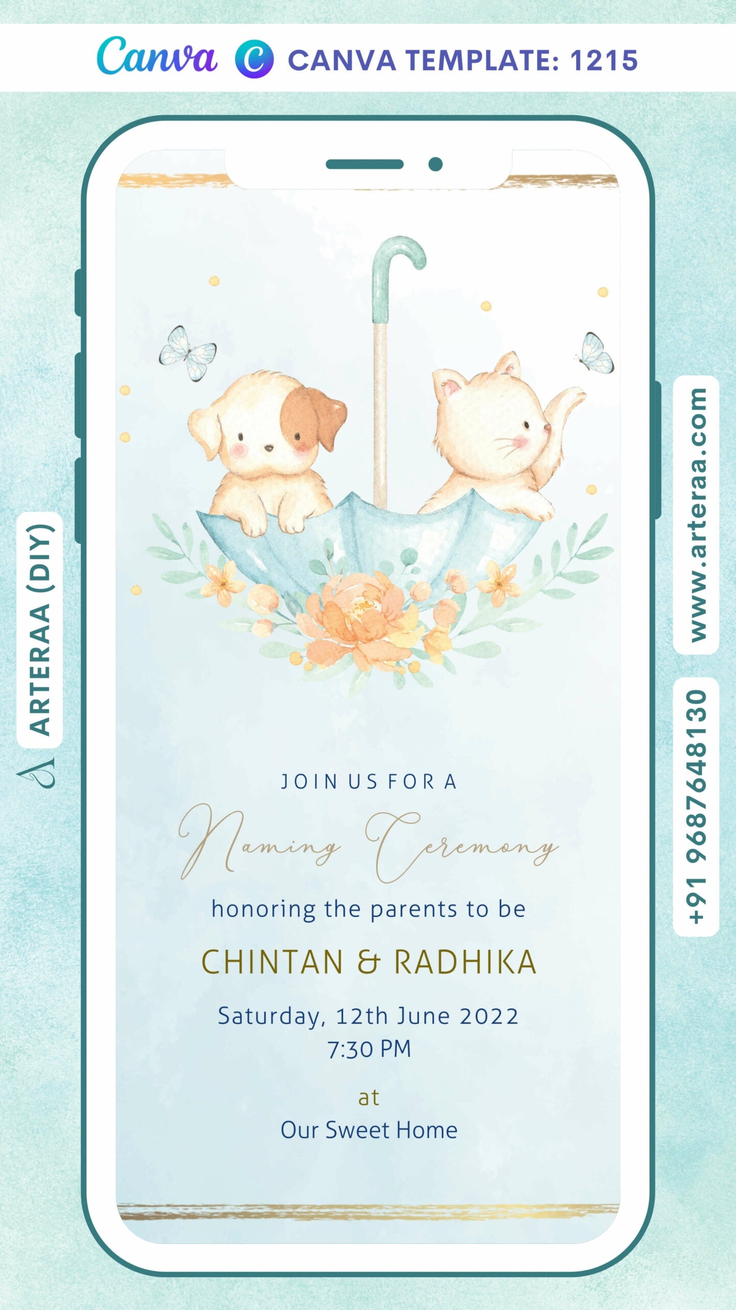Digital Naming Ceremony Invitation of Indians in English Language With Floral Theme Canva Editable Template Design No. 1215