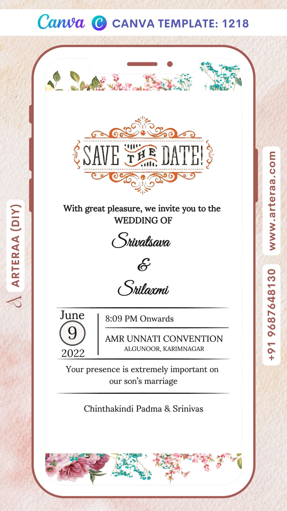 Wedding ceremony invitation card Canva Editable Template of hindu south indian telugu family in english language with Floral theme design 1218