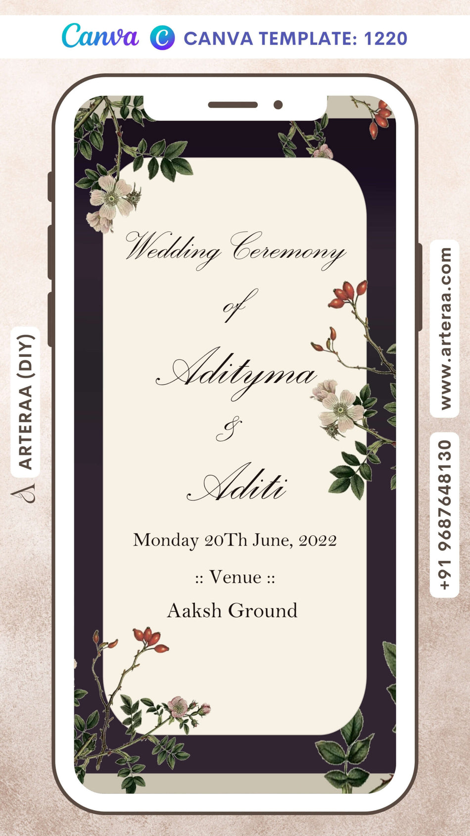 Wedding ceremony invitation card Canva Editable Template of hindu modern family in english language with Vintage flower theme Canva Editable Template design 1220