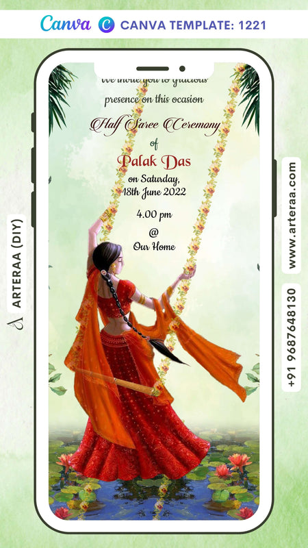 Half Saree ceremony invitation card Canva Editable Template in english language with traditional theme design 1221