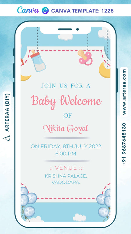 Baby welcome party invitation card Canva Editable Template in english language with playful theme design 1225