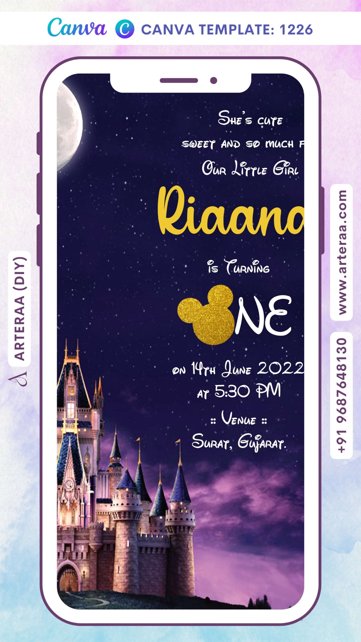 Birthday party invitation card Canva Editable Template for girl in english language with moon as disney theme design 1226