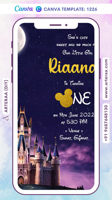 Birthday party invitation card Canva Editable Template for girl in english language with moon as disney theme design 1226