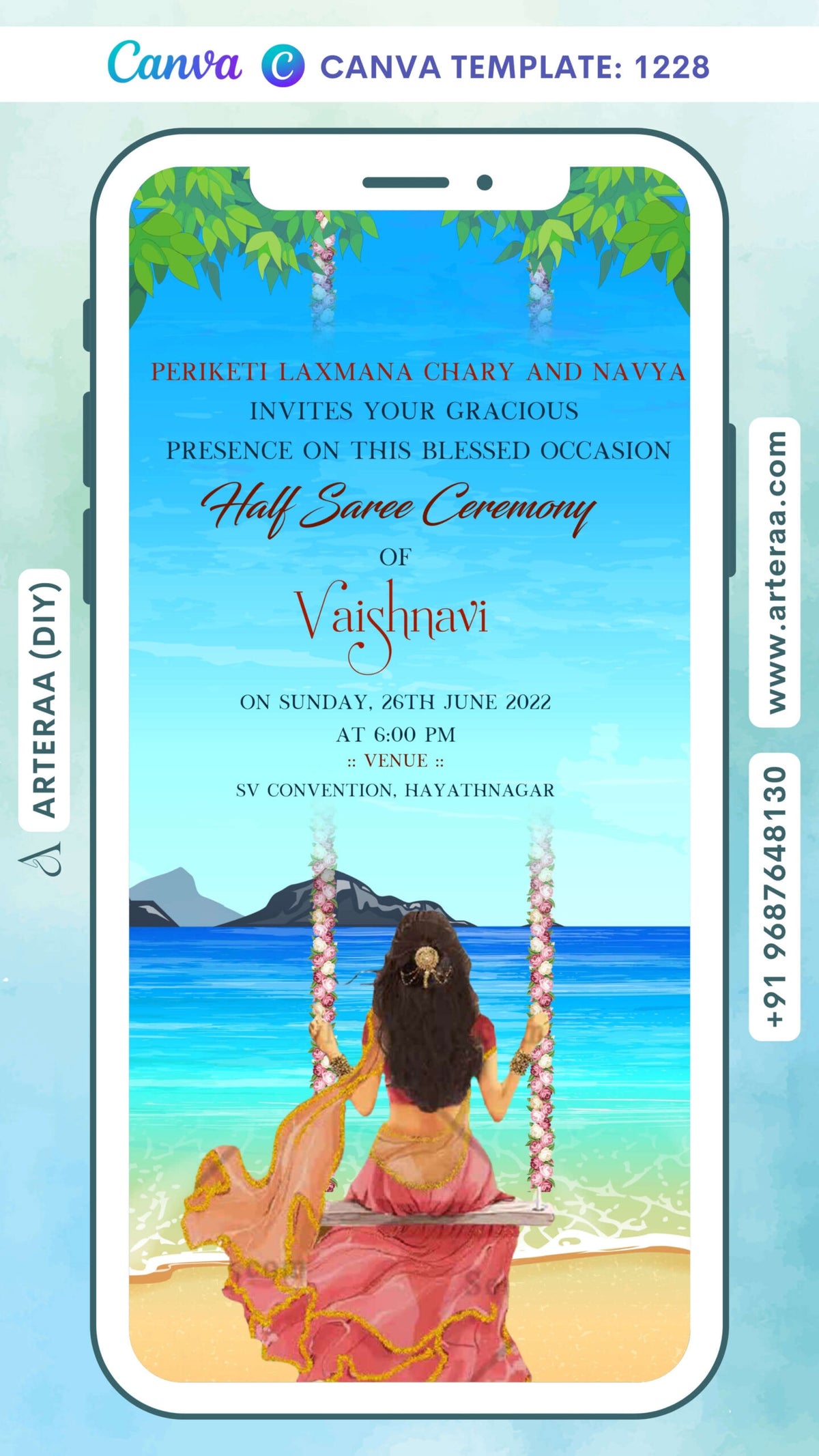 Half Saree ceremony invitation card Canva Editable Template in english language with beach theme design 1228