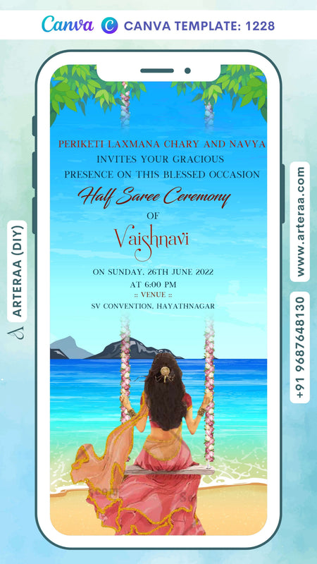 Half Saree ceremony invitation card Canva Editable Template in english language with beach theme design 1228