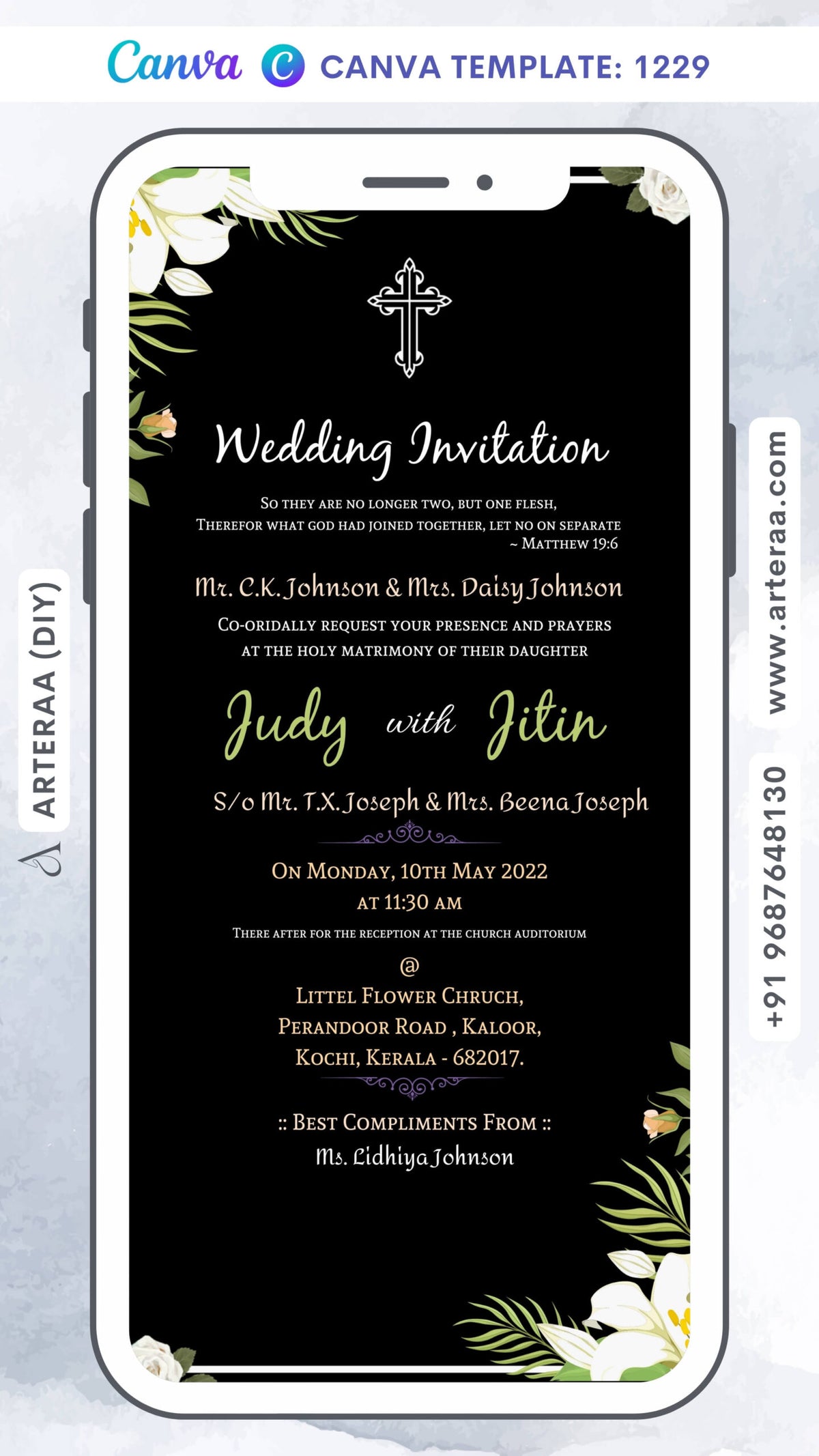 Wedding ceremony invitation card Canva Editable Template of hindu south indian malayali family in english language with floral theme design 1229