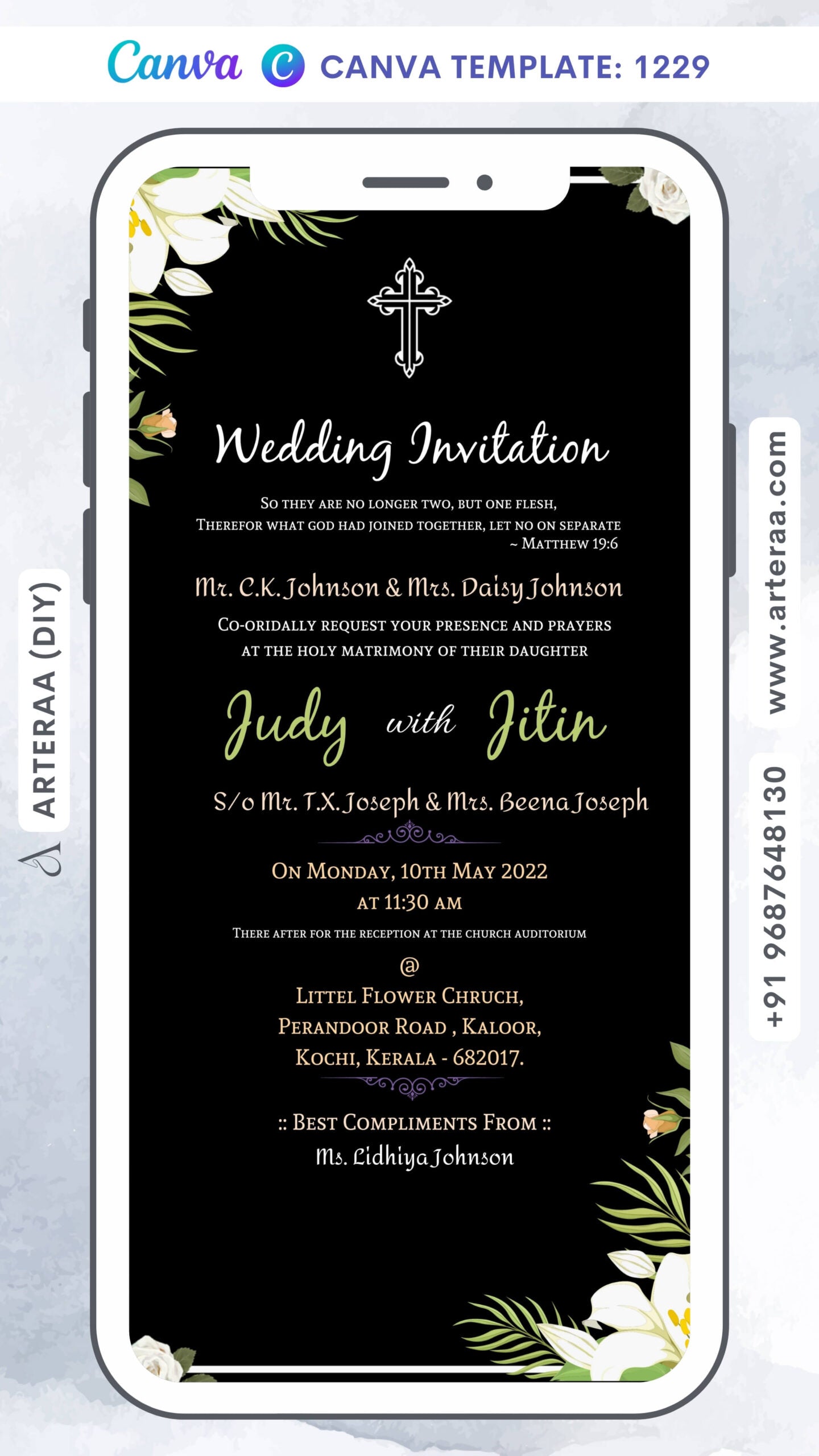 Wedding ceremony invitation card Canva Editable Template of hindu south indian malayali family in english language with floral theme design 1229