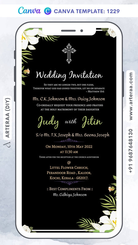 Wedding ceremony invitation card Canva Editable Template of hindu south indian malayali family in english language with floral theme design 1229