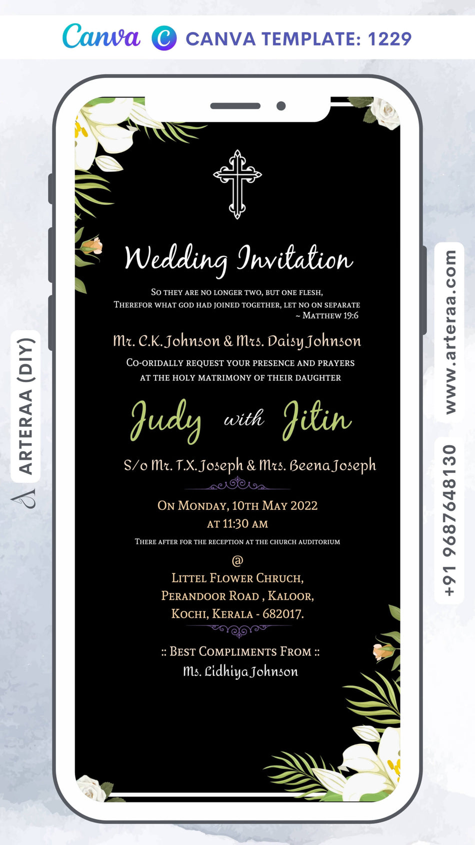 Wedding ceremony invitation card Canva Editable Template of hindu south indian malayali family in english language with floral theme design 1229