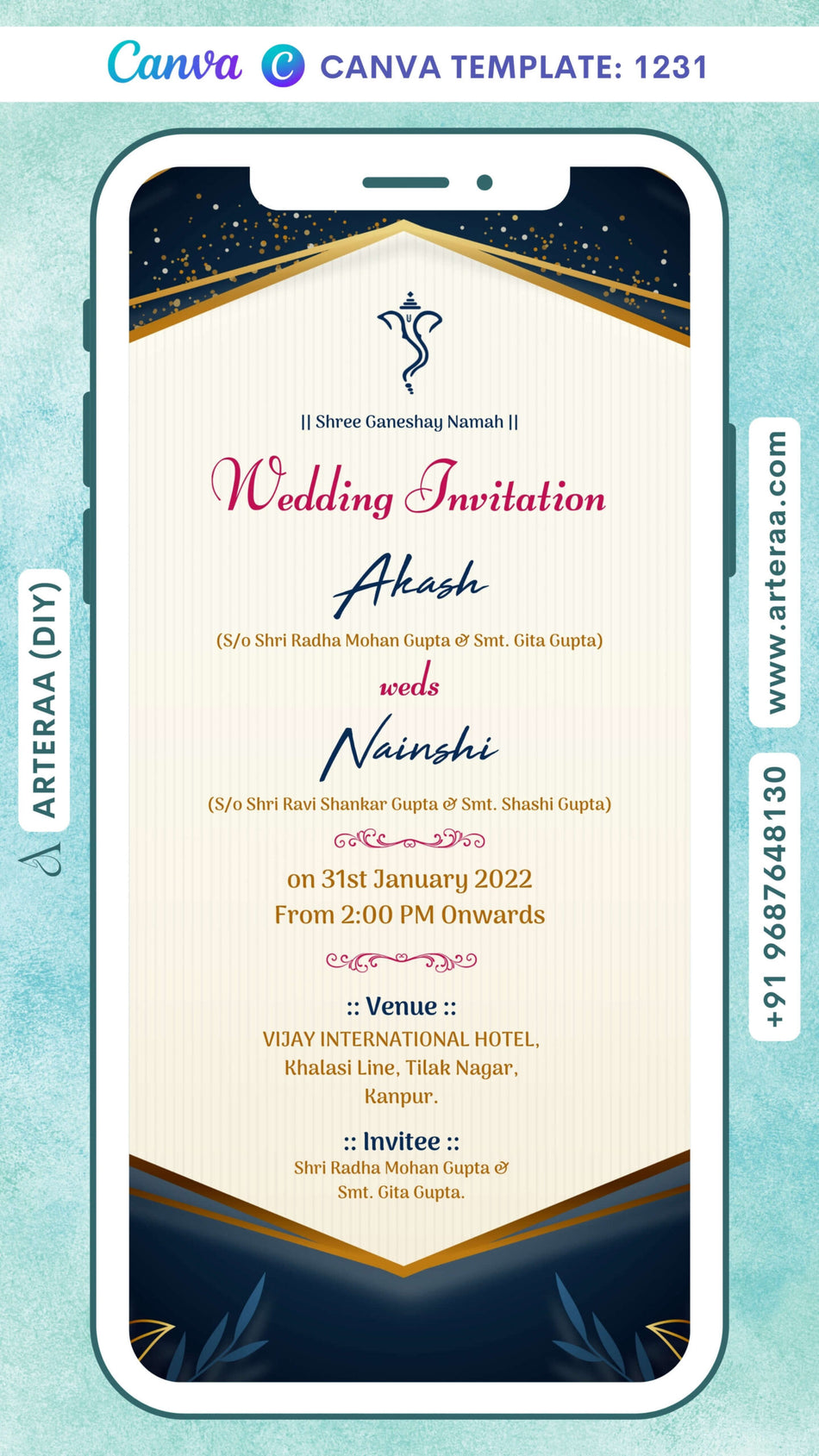 Wedding ceremony invitation card Canva Editable Template of hindu north indian bhojpuri family in english language with magical arch theme design 1231