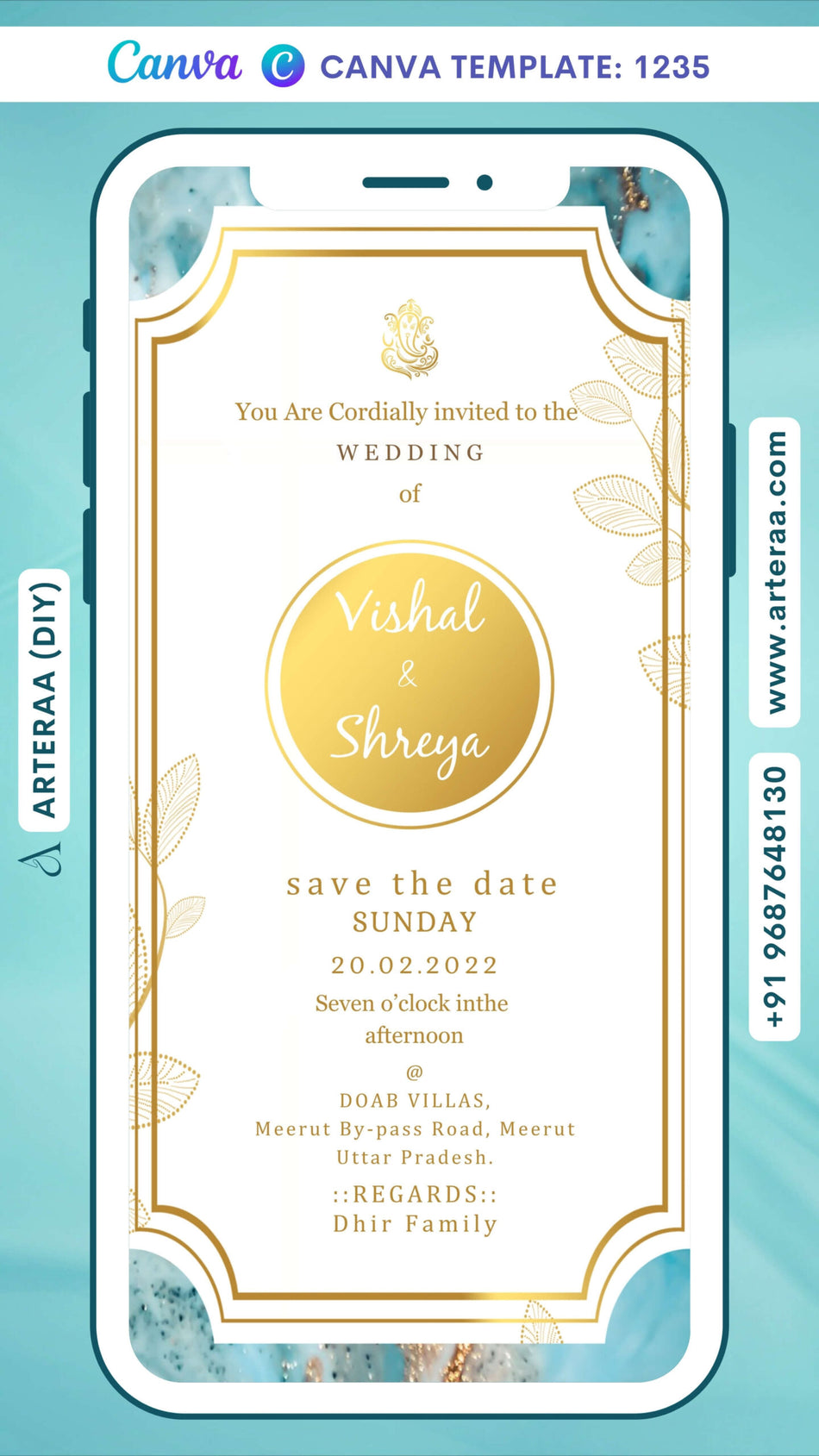 Wedding ceremony invitation card Canva Editable Template of hindu north indian bhojpuri family in english language with resin art theme design 1235