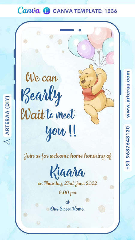 Baby welcome party invitation card Canva Editable Template in english language with minimalistic theme design 1236