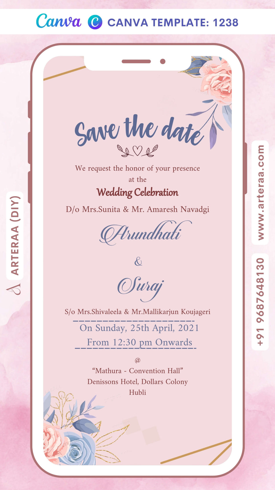 Wedding ceremony invitation card Canva Editable Template of hindu south indian kannada family in english language with floral theme design 1238