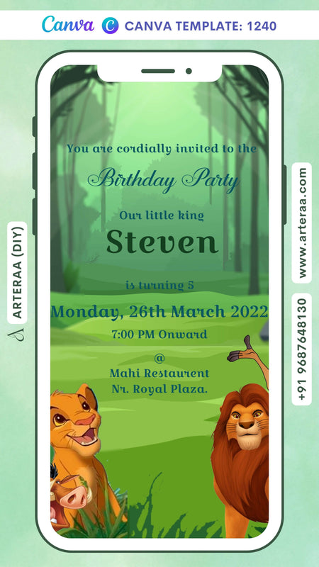 Birthday party invitation card Canva Editable Template in English language with jungle theme design 1240