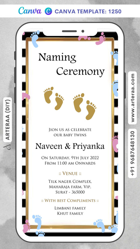 Baby Naming ceremony invitation card Canva Editable Template in english language with baby leg print as minimalistic theme design 1250