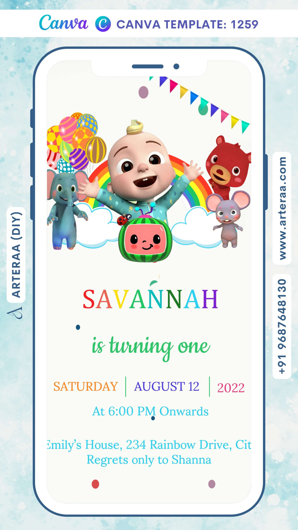 Birthday party invitation card Canva Editable Template for boy in english language with cocomelon theme design 1259