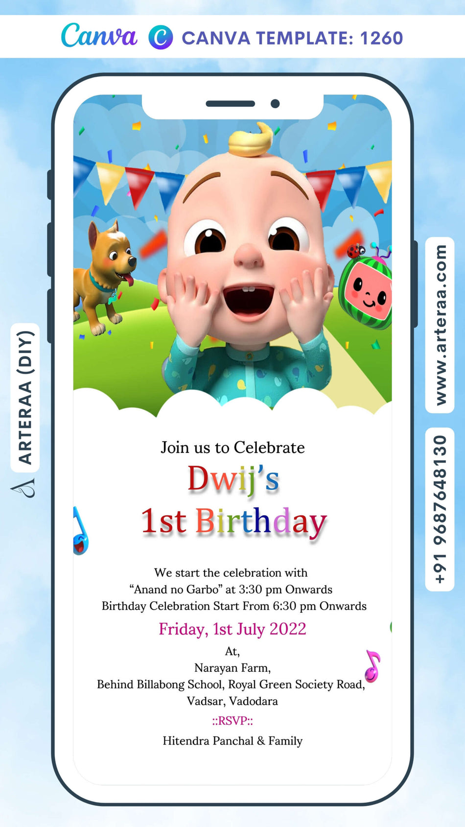 Birthday party invitation card Canva Editable Template for boy in english language with cocomelon theme design 1260