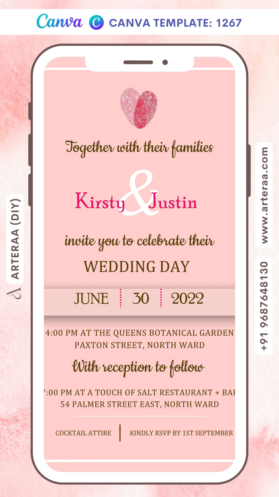 Wedding ceremony invitation card Canva Editable Template of hindu modern family in english language with finger print minimalistic theme design 1267