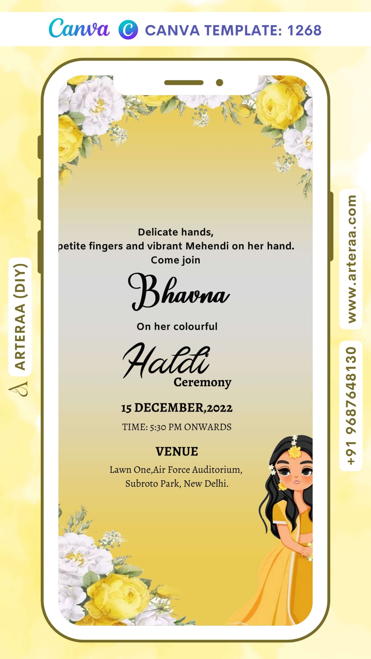 Haldi ceremony invitation card Canva Editable Template in english language with haldi doodle as flowers as floral theme design 1268