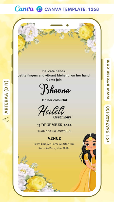 Haldi ceremony invitation card Canva Editable Template in english language with haldi doodle as flowers as floral theme design 1268