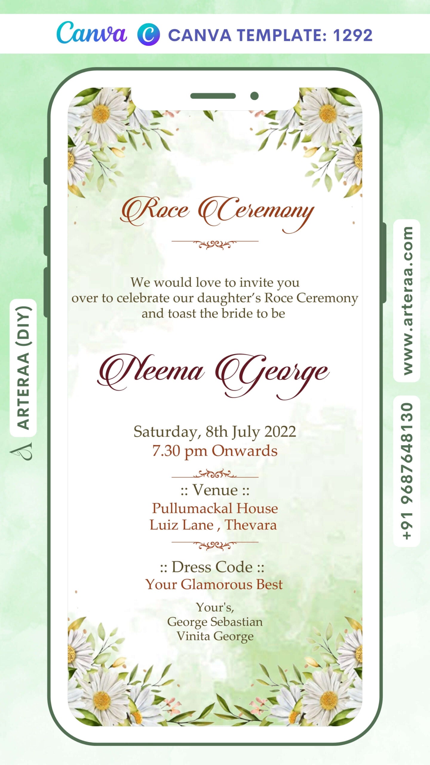 Roce ceremony invitation card Canva Editable Template in english language with flowers as floral theme design 1292