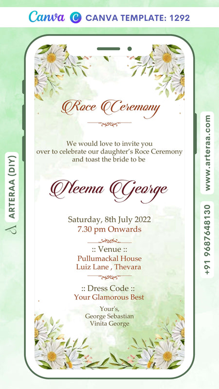 Roce ceremony invitation card Canva Editable Template in english language with flowers as floral theme design 1292