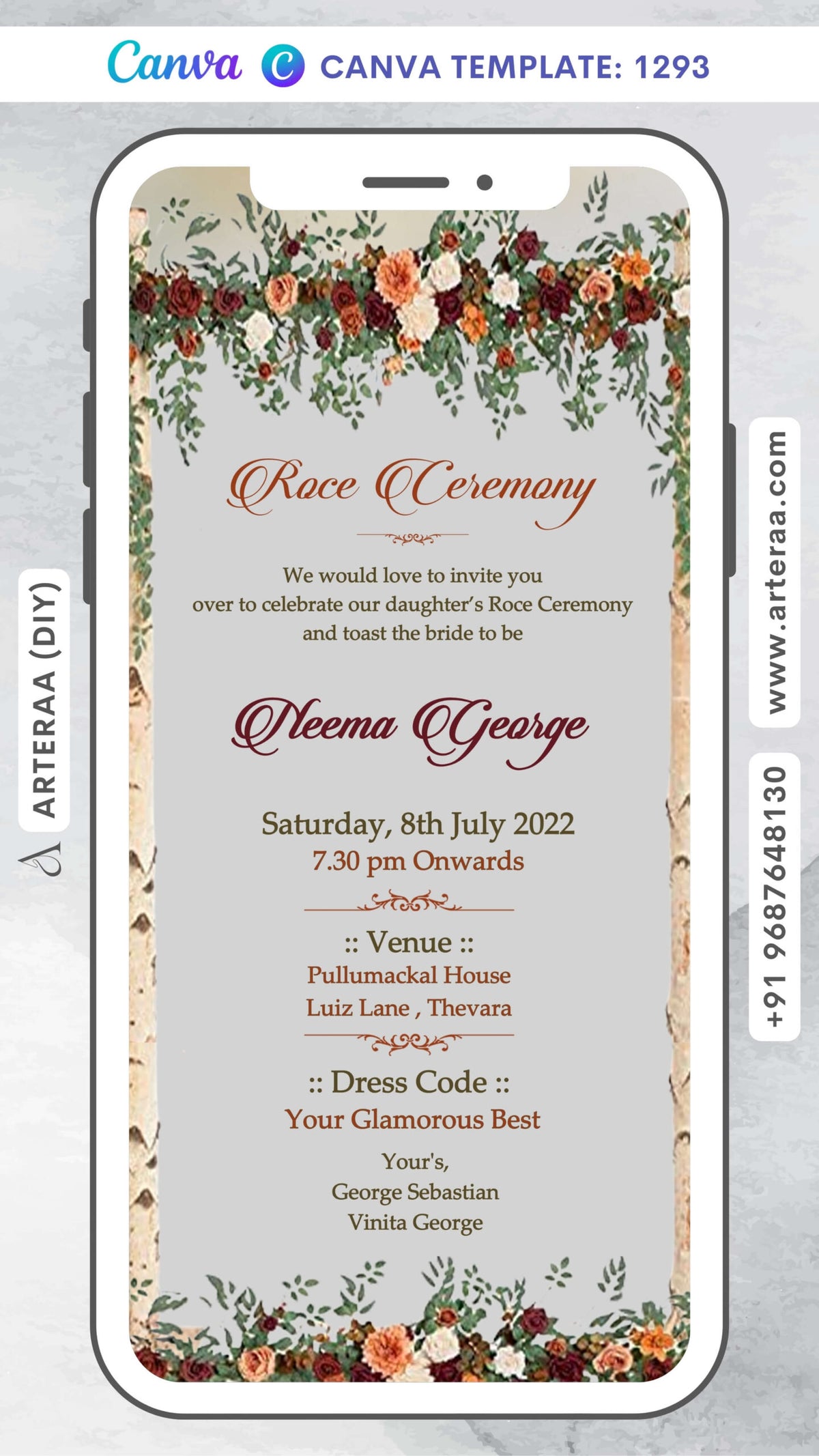 Roce ceremony invitation card Canva Editable Template in english language with flowers, frame as vintage theme design 1293