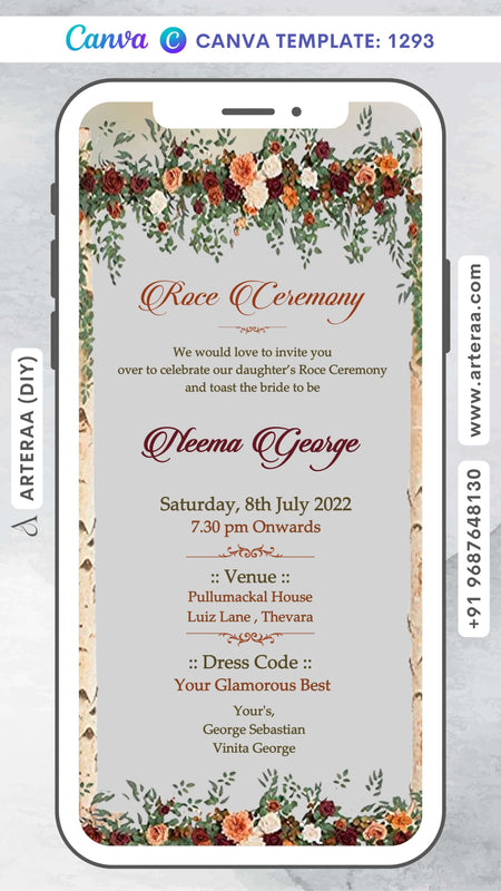 Roce ceremony invitation card Canva Editable Template in english language with flowers, frame as vintage theme design 1293