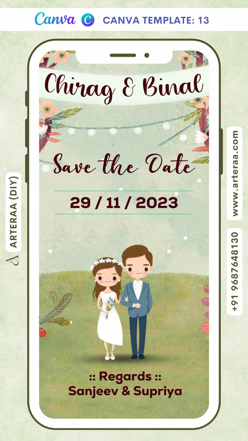 Save the Date card in english language with stylish couple doodle as garden theme Canva Editable Template design 13