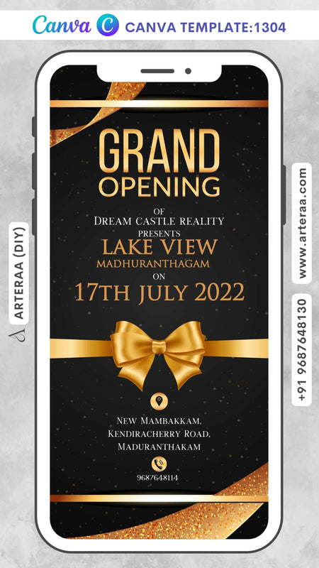 Opening invitation card Canva Editable Template in english language with ribin as glittery theme design 1304