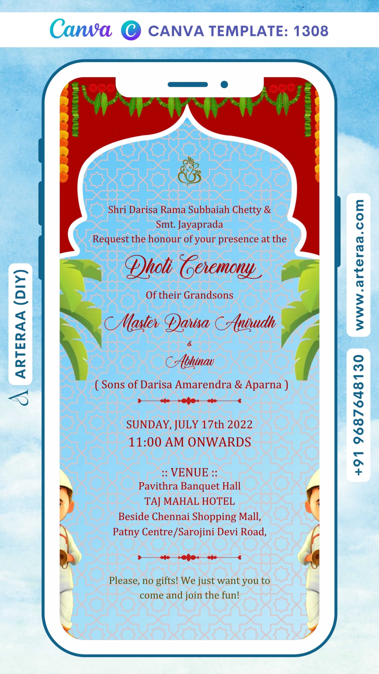 Dhoti ceremony invitation Canva Editable video Template in English language with Arch theme design 1308