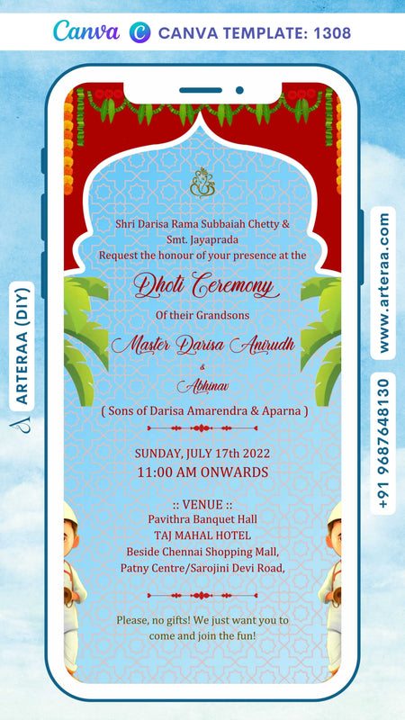 Dhoti ceremony invitation Canva Editable video Template in English language with Arch theme design 1308